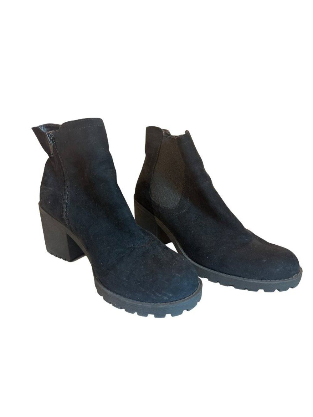 Sun + Stone Black Suede Ankle Boots Size 10 Chunky Lug Sole & Side Zippers